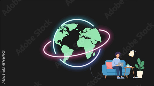 Person on couch working on laptop with glowing earth