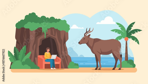 Person on couch with laptop near cave, deer by ocean with palm tree