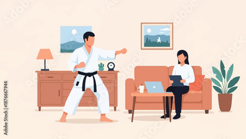 Person practicing martial arts while another person works on a laptop in a living room