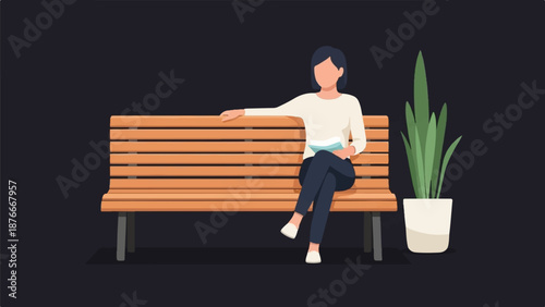 Person relaxes on a wooden bench, reading a book, with a potted plant nearby