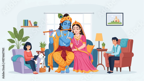 Serene scene of deities and humans in a home with plants and art