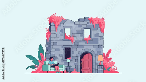 Person relaxes on couch in front of overgrown ancient structure with vibrant flora