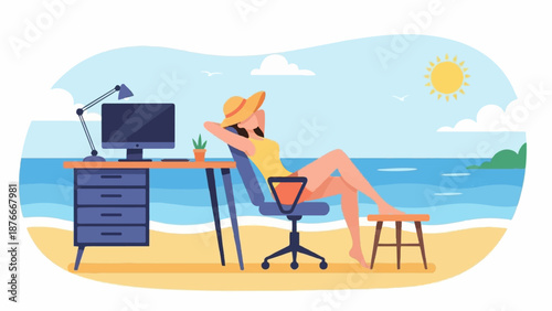 Person relaxing at a beach desk with computer and ocean view