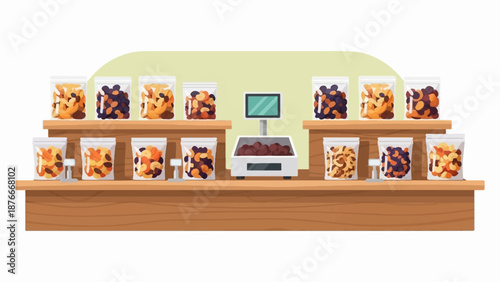 Shelves display assorted nuts and dried fruits in clear plastic bags, with a scale in the center