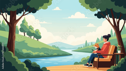 Person sitting with dog on a wooden deck by a river, surrounded by trees and rolling hills