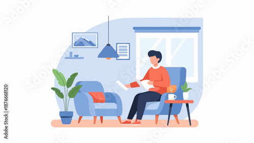 Person sitting in chair reading papers, with plants and window