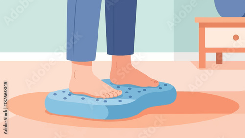 Person standing on a textured foot massage mat indoors