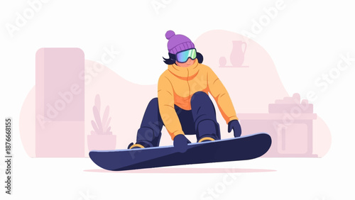 Person snowboarding in a bright yellow jacket and purple hat, wearing goggles