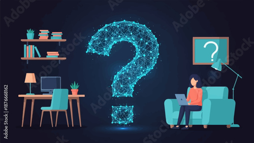 Person uses laptop near a giant glowing question mark in a study