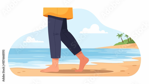 Person walking barefoot on a sandy beach next to a calm ocean under a blue sky