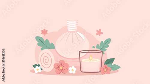 Pastel spa scene with herbal compress, rolled towel, and lit candle
