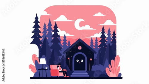 Peaceful evening in a cozy cabin amidst a dark forest, with a girl relaxing indoors