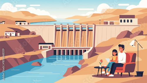 Peaceful family enjoys dam view from comfortable chairs