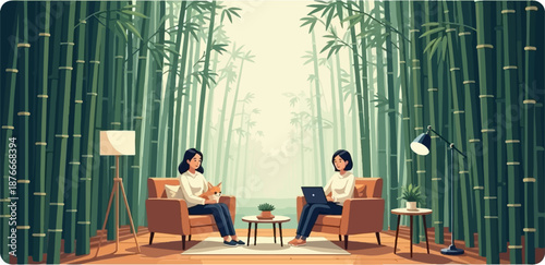Peaceful indoor scene with two women and a dog amidst a lush bamboo forest