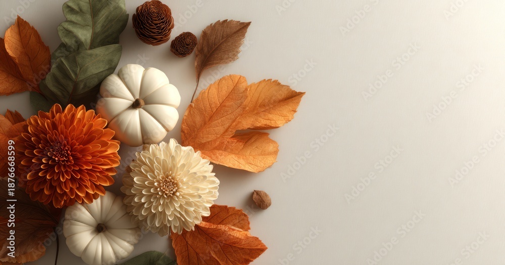Obraz premium Autumn Flat Lay Composition with Pumpkins, Leaves, and Flowers for Seasonal Design
