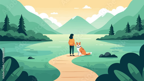 Person with dog on path by serene lake and mountains