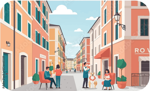 People and a dog relax on a sun-drenched street lined with colorful buildings