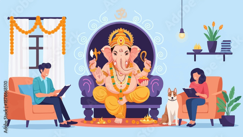 People and a dog relax at home with a Ganesha idol and offerings