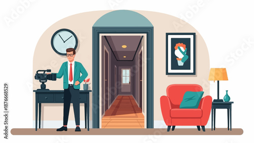 Man with camera in hallway, near armchair, artwork, and lamp