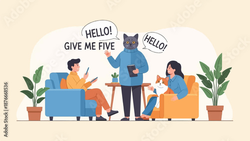 People and cats interact with a feline figure asking for a high-five