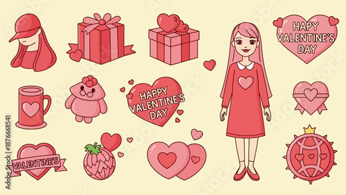 Illustration of a young girl surrounded by various heart-themed elements and gifts in a soft pastel environment