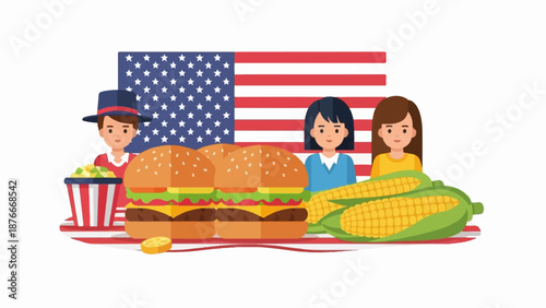 People and American flag with burgers, popcorn, and corn on a picnic blanket