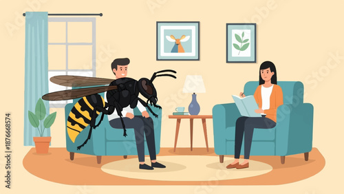 Man sits with giant insect on lap, woman reads opposite