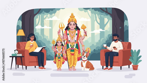 People and divine figures in forest setting with cozy indoor elements