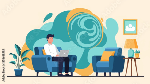 Man relaxing on armchair with laptop