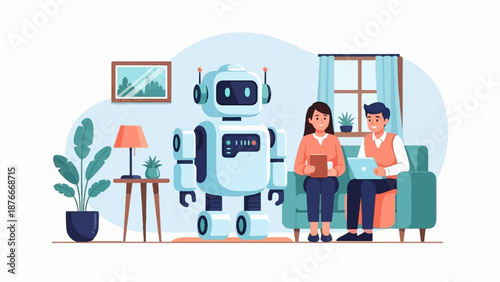 People interact with a domestic robot in a cozy living room, featuring plants and art