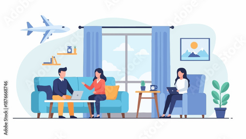 People interacting in a living room with a plane flying outside