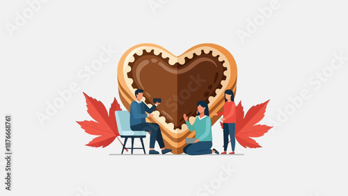 People interacting with a giant heart-shaped cookie and autumn leaves