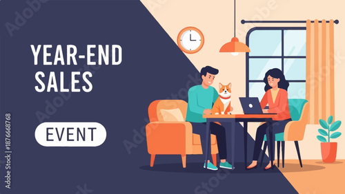 People and dog relax while working, celebrating year-end sales event