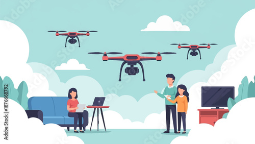 People interacting with drones in a domestic setting, with one person on a laptop