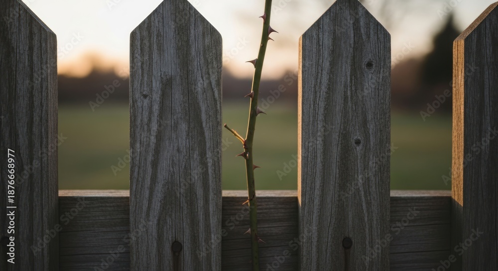 Fototapeta premium Thorny rose stem grows through weathered wooden fence at sunset