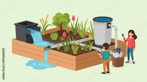 People observing a raised garden with a rainwater harvesting system and plants