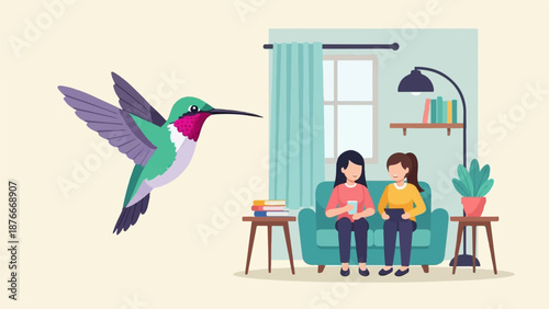Hummingbird approaches two women relaxing in a cozy living room, with books and a plant for company