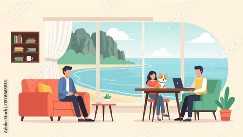 People and dog relaxing by a scenic ocean view, working and reading