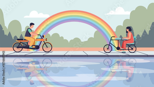 People on bikes under a rainbow, reflected in water
