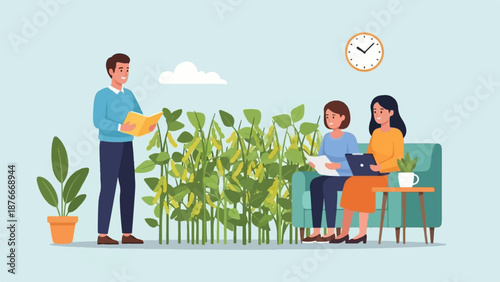 People observing a soybean field, with two women relaxing on a couch and a man reading