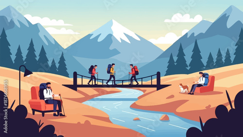 Hikers cross a bridge over a river with mountains and trees in the background