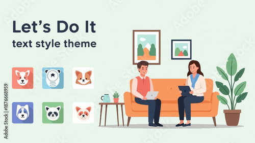 People on couch with laptops, surrounded by pet icons, framed art, and plants