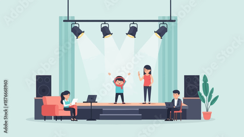 People on stage under spotlights with sound equipment and a plant