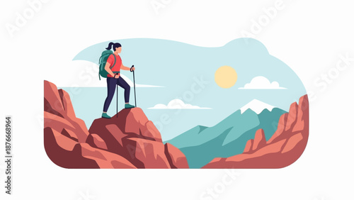 Hiker on peak enjoys scenic mountain vista with sun and clouds