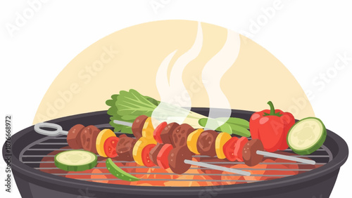 Hearty skewers of meat and vegetables sizzle on a hot grill, with steam rising