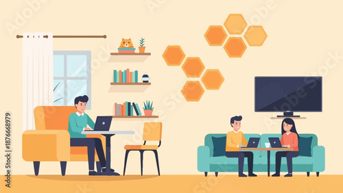 People working on laptops in a living room with shelves, a TV, and honeycomb decor