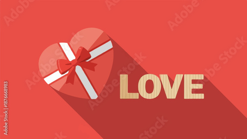 Heart-shaped gift box and wooden letters spell out "LOVE" on a red background with long shadows