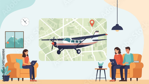 People planning an airplane journey over a map with a destination marker