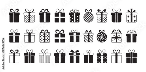 Gift boxes set, black and white presents with various patterns, holiday package collection