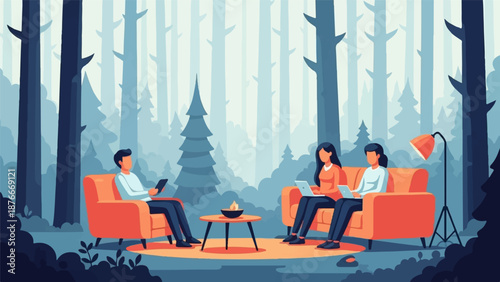 People working on laptops in a serene forest setting, with cozy seating